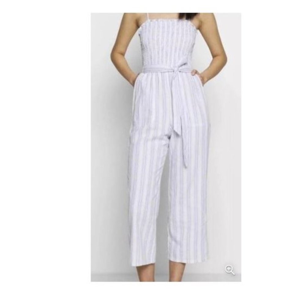 Abercrombie & Fitch Linen Blend Jumpsuit Juniors XL White Blue Sleeveless AA08X - Picture 1 of 6